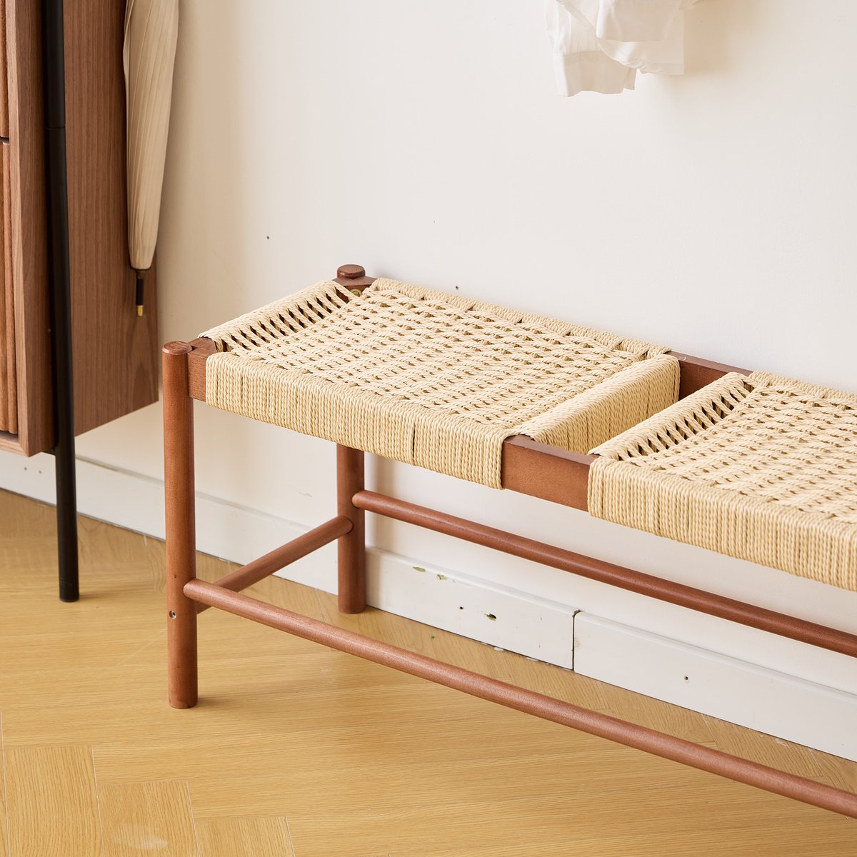Banc avec rangement, en bois et corde, noyer, SALTABANC marron foncé, NORDLYS