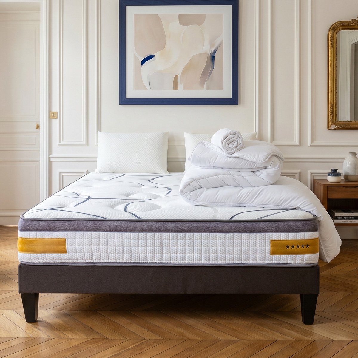 Prêt-à-dormir COPENHAGUE avec Sommier, Couette, Oreillers et Protège-matelas couleur unique, BELLECOUR