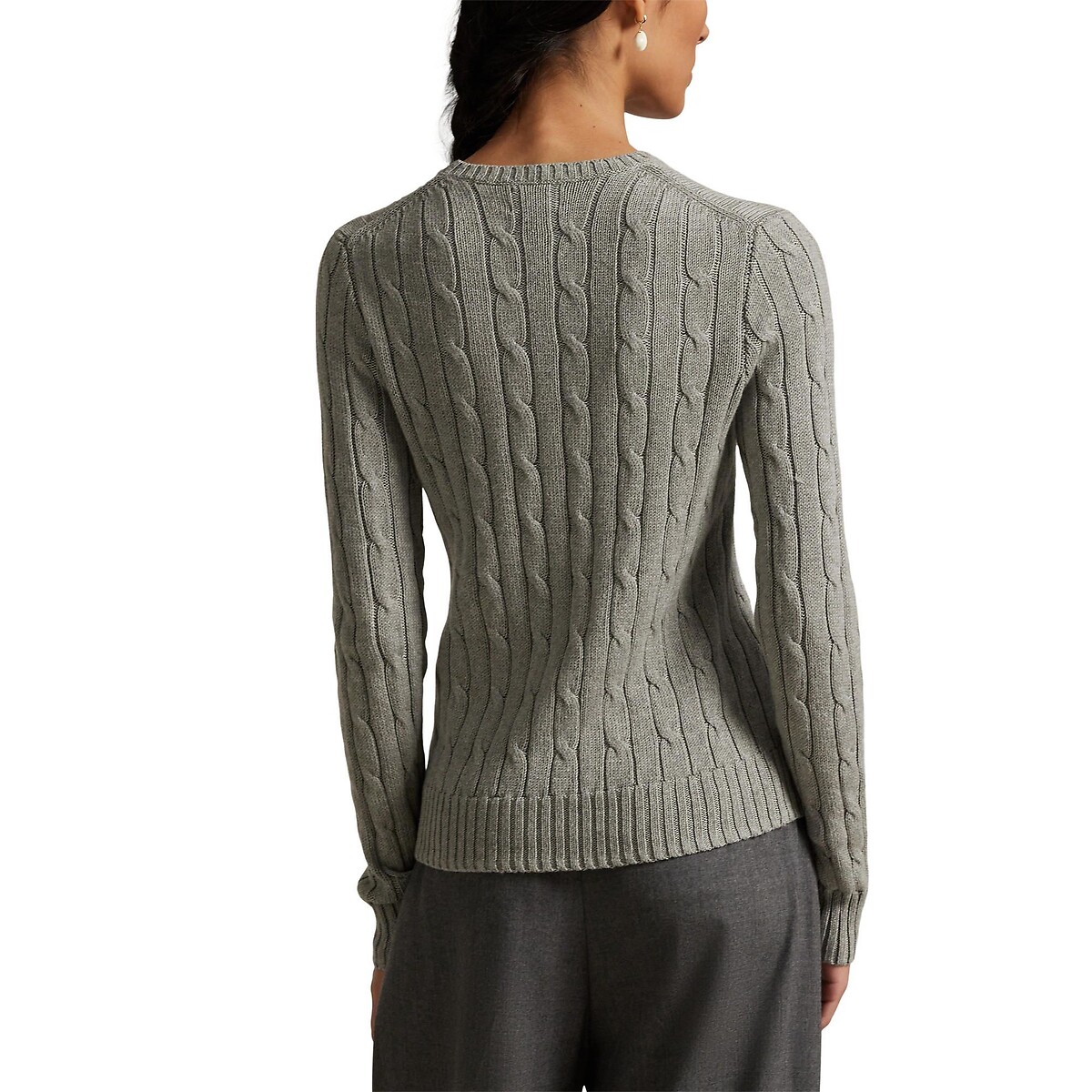 Pull à col rond, à manches longues, en maille torsadée gris, POLO RALPH LAUREN