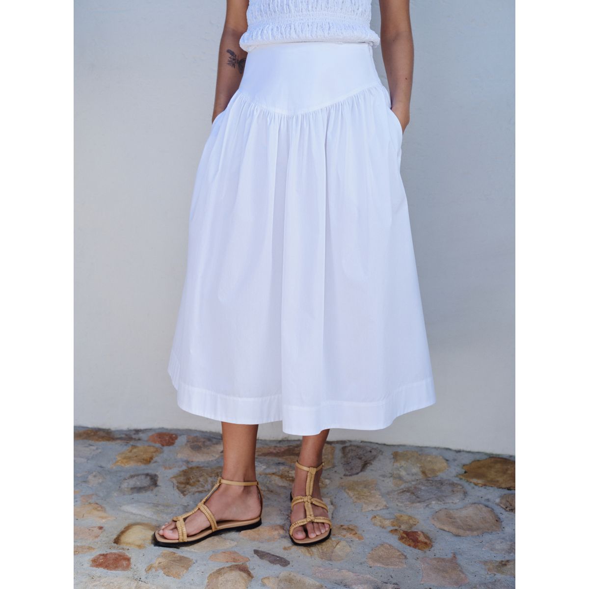 Jupe midi en popeline à taille tombante blanc, NEXT
