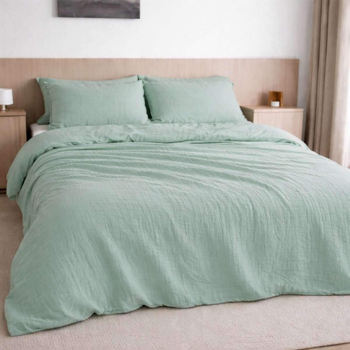 Drap housse en gaze de coton lavé bonnet 30 cm uni, PUR vert givrée, BATON ROUGE