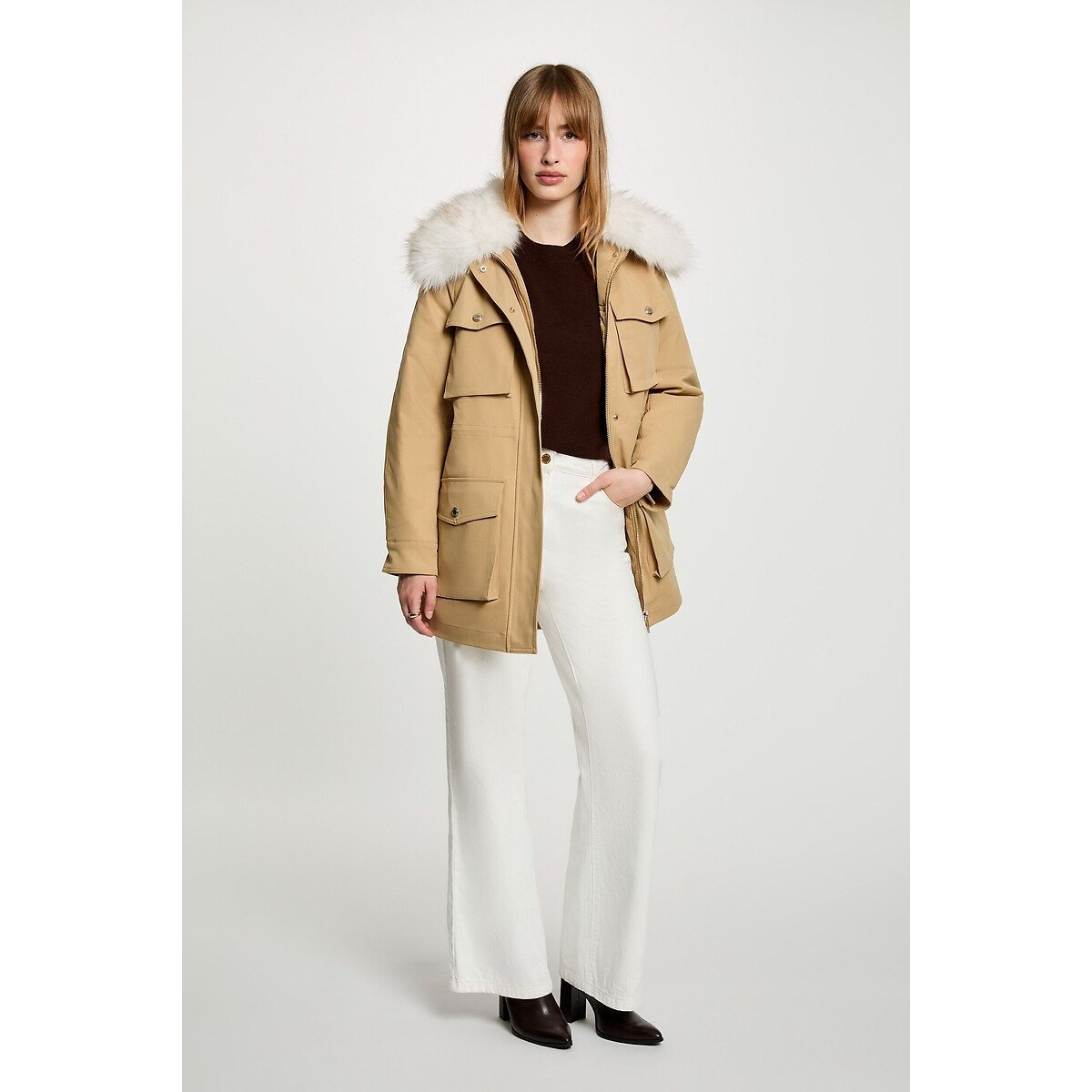 Parka lisa com bolsos de chapa bege, MORGAN