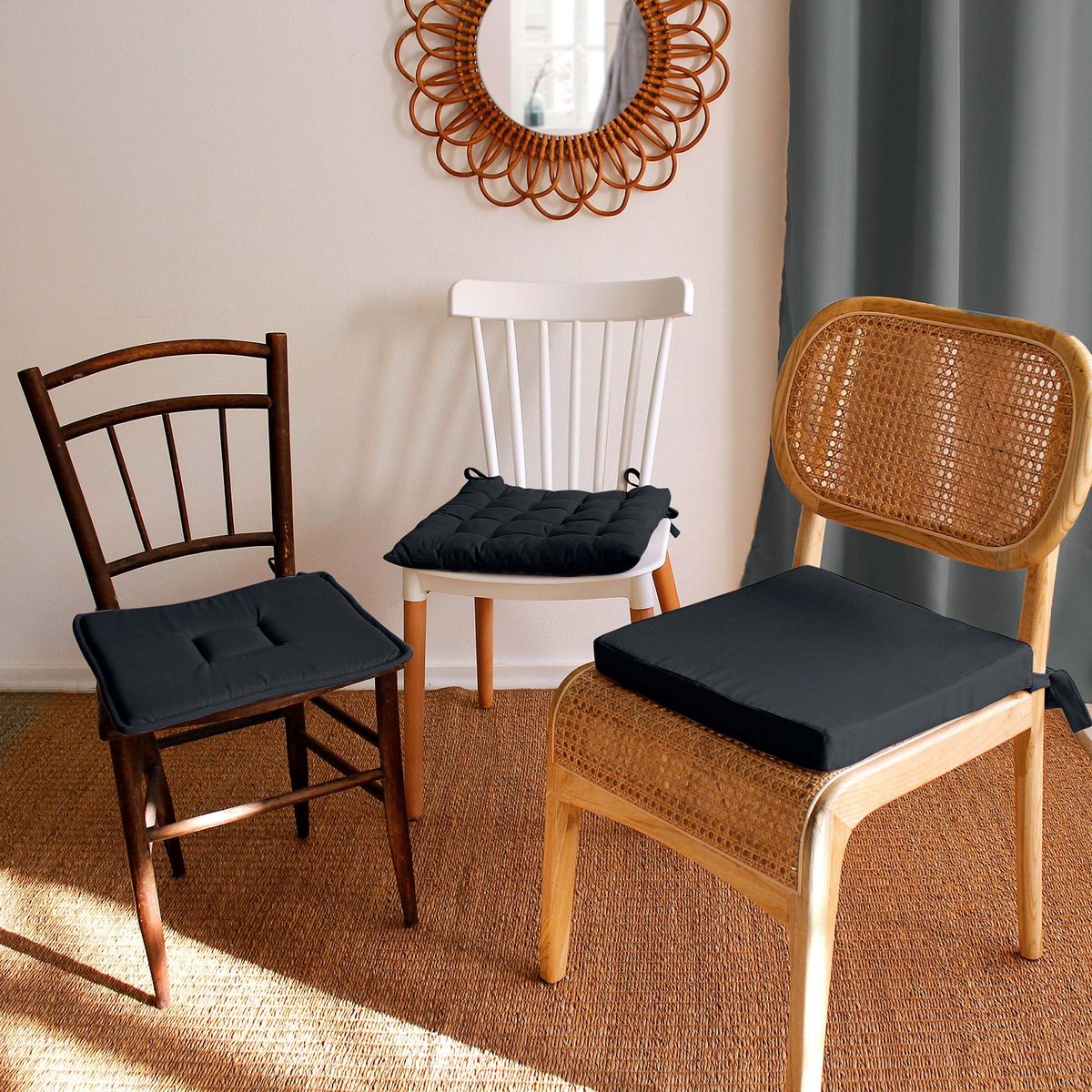 Galette de chaise plate en coton avec liens PANAMA gris foncé, TOILINUX