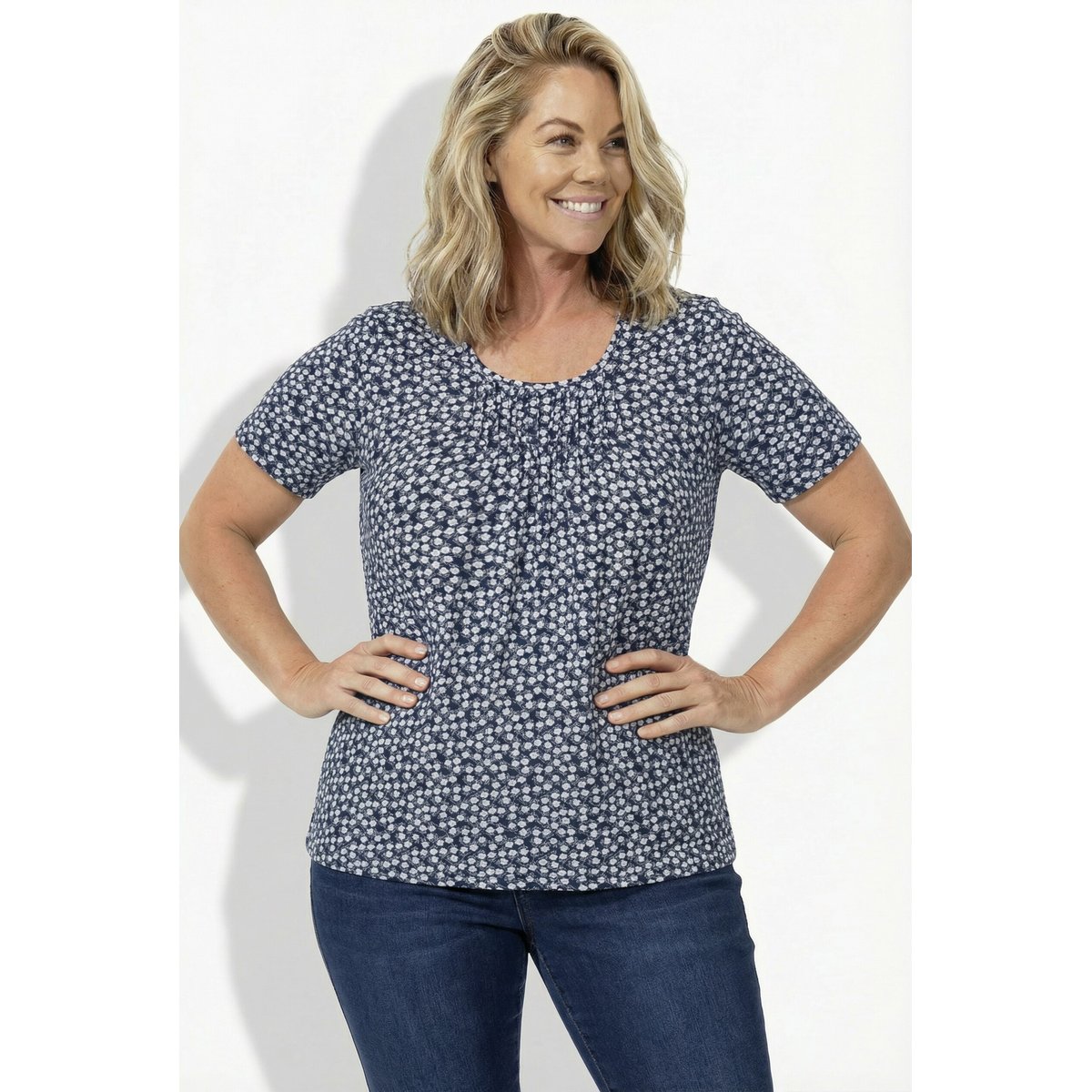 T-Shirt avec plis fantaisie, coupe évasée marine, ULLA POPKEN