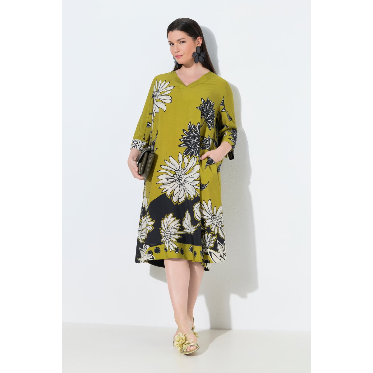Robe midi en Lyocell, motif floral vert moutarde, ULLA POPKEN