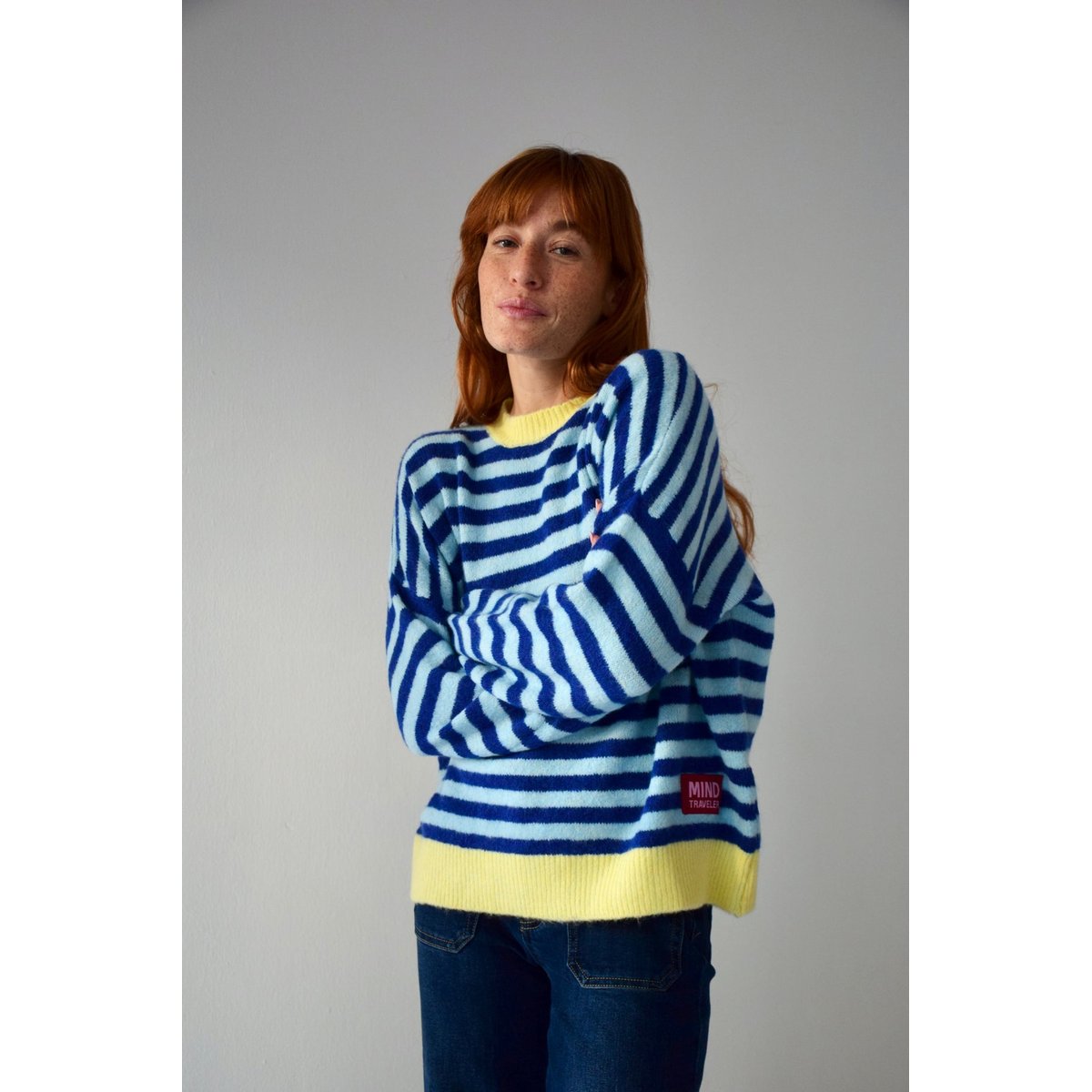 Pull rayé bords contrastés PIA bleu / jaune, MINDTRAVELER
