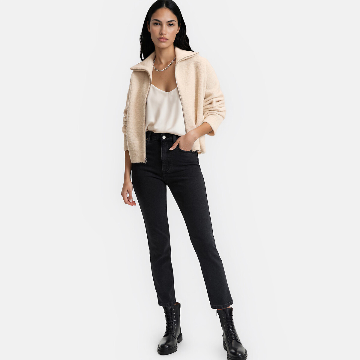Gilet zippé à col camionneur, en bouclette ecru, LA REDOUTE COLLECTIONS