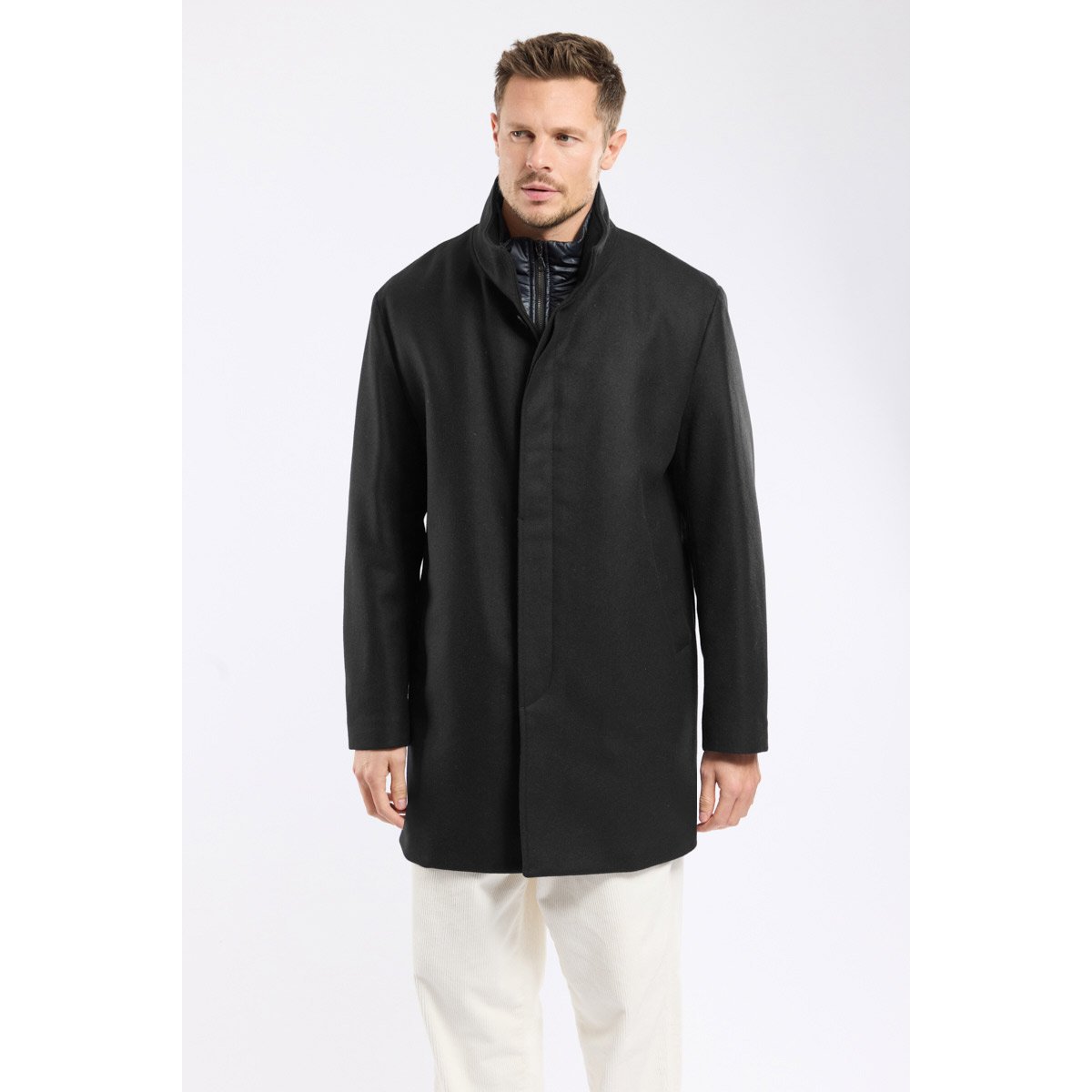 Manteau boutonné en drap de laine noir, ARMOR-LUX