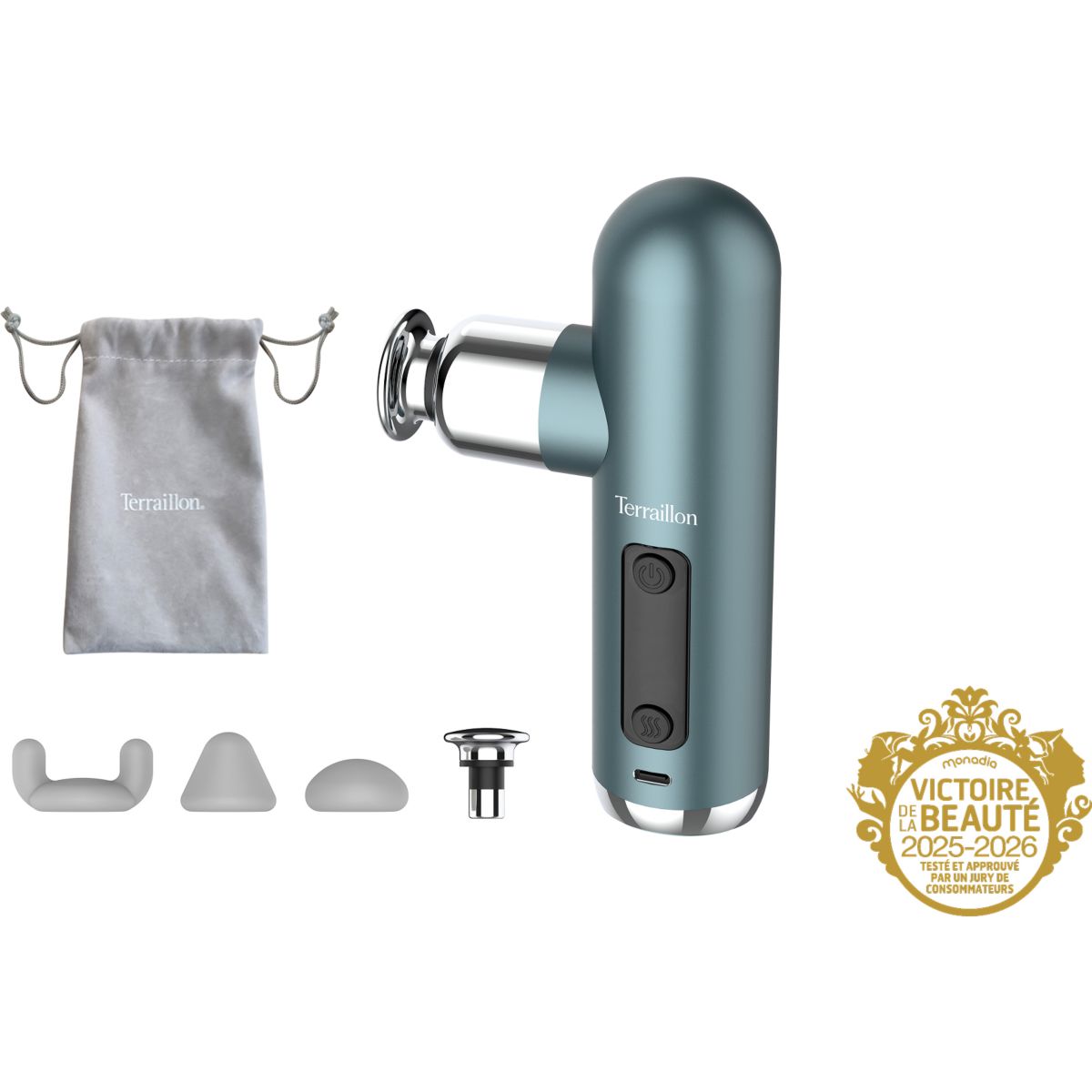 Masseur corps Mini Massager 4 embouts bleu acier, TERRAILLON