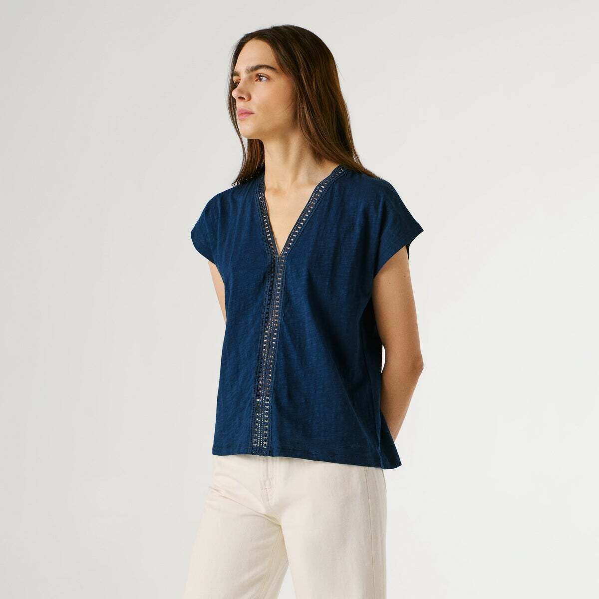 T-Shirt À Col V Avec Détails Ajourés bleu des profondeurs, PEPE JEANS