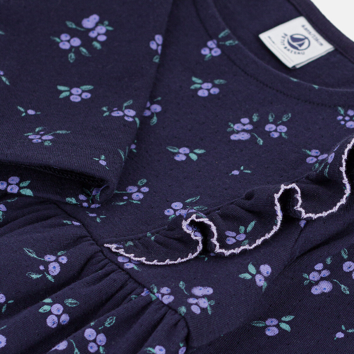 Robe manches longues, avec volants, imprimé floral, en coton bleu marine imprimé, PETIT BATEAU