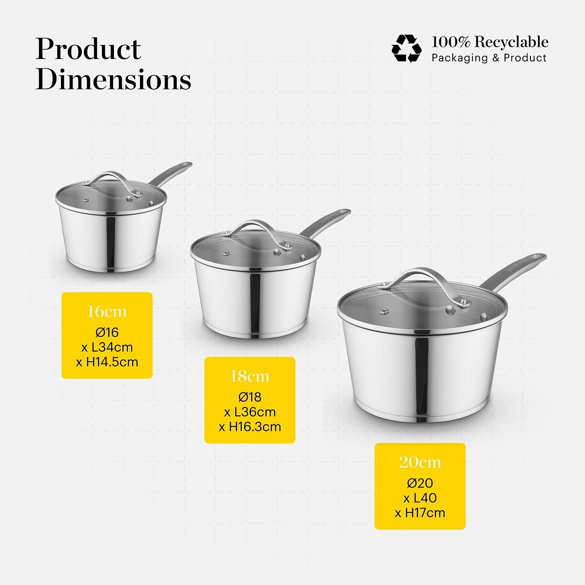 3-Piece Stainless Steel Saucepan Set silver-coloured, GOOD FOOD BY TOWER