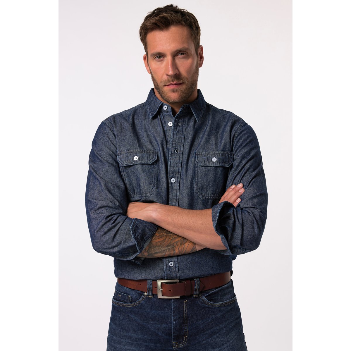 Chemise en jean, manches longues et col Kent jean bleu foncé, JP1880