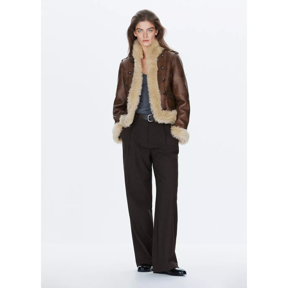 Veste en cuir synthétique avec finitions effet mouton marron, MANGO