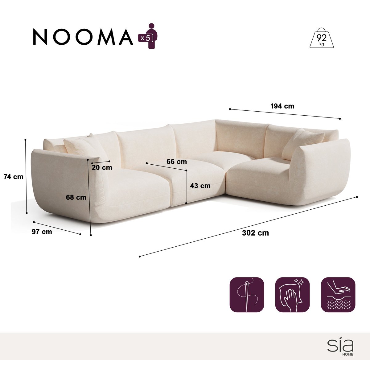 Canapé d'angle droit modulable 6 places en velours chenillé NOOMA terracotta, SIA HOME
