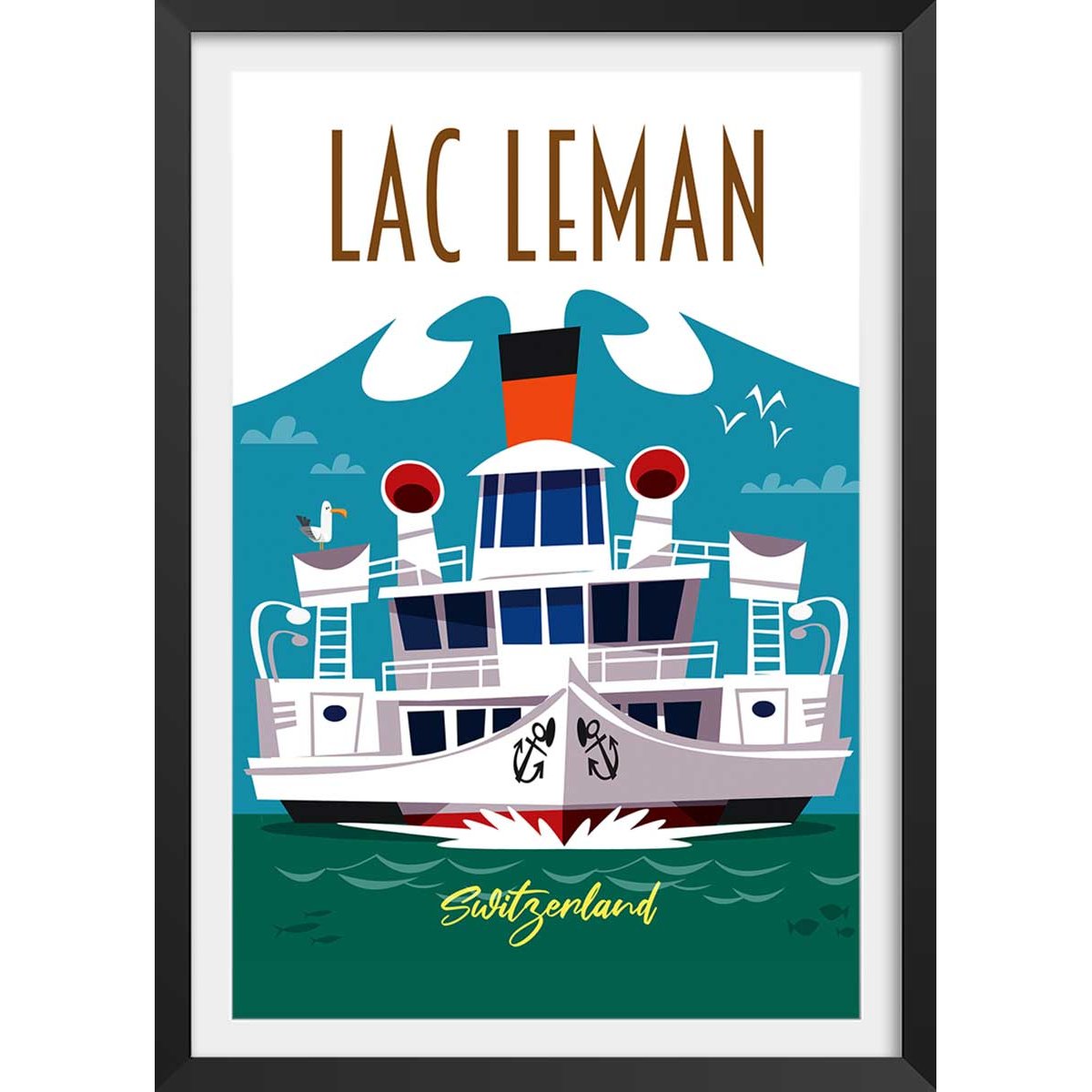 Poster de le lac leman affiche + cadre en bois - noir, HEXOA