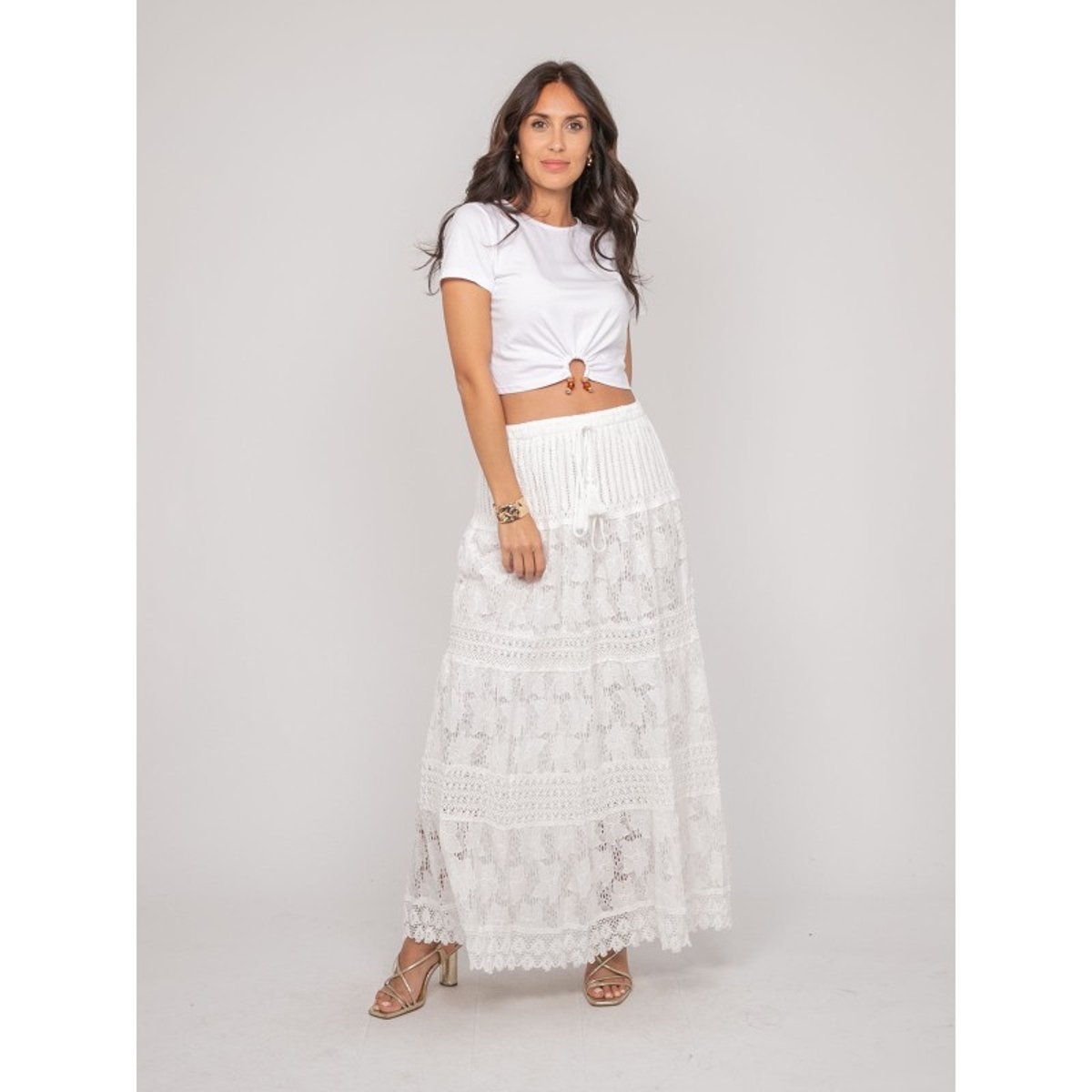 Jupe Longue Dentelle Xestina blanc, DONA LISA