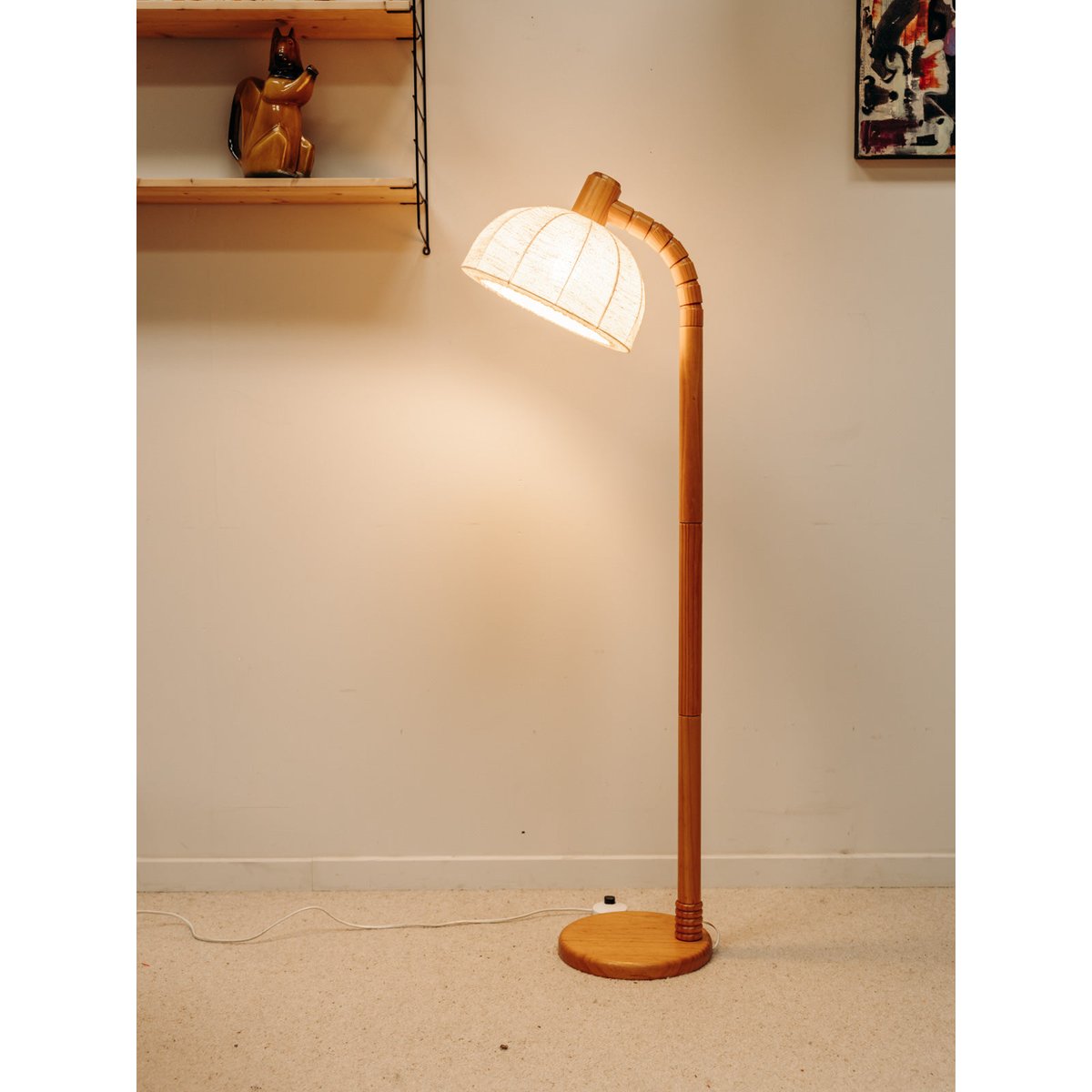 Lampadaire en bois et toile Julien N°377 - Bon état bois clair, DEBONGOUT