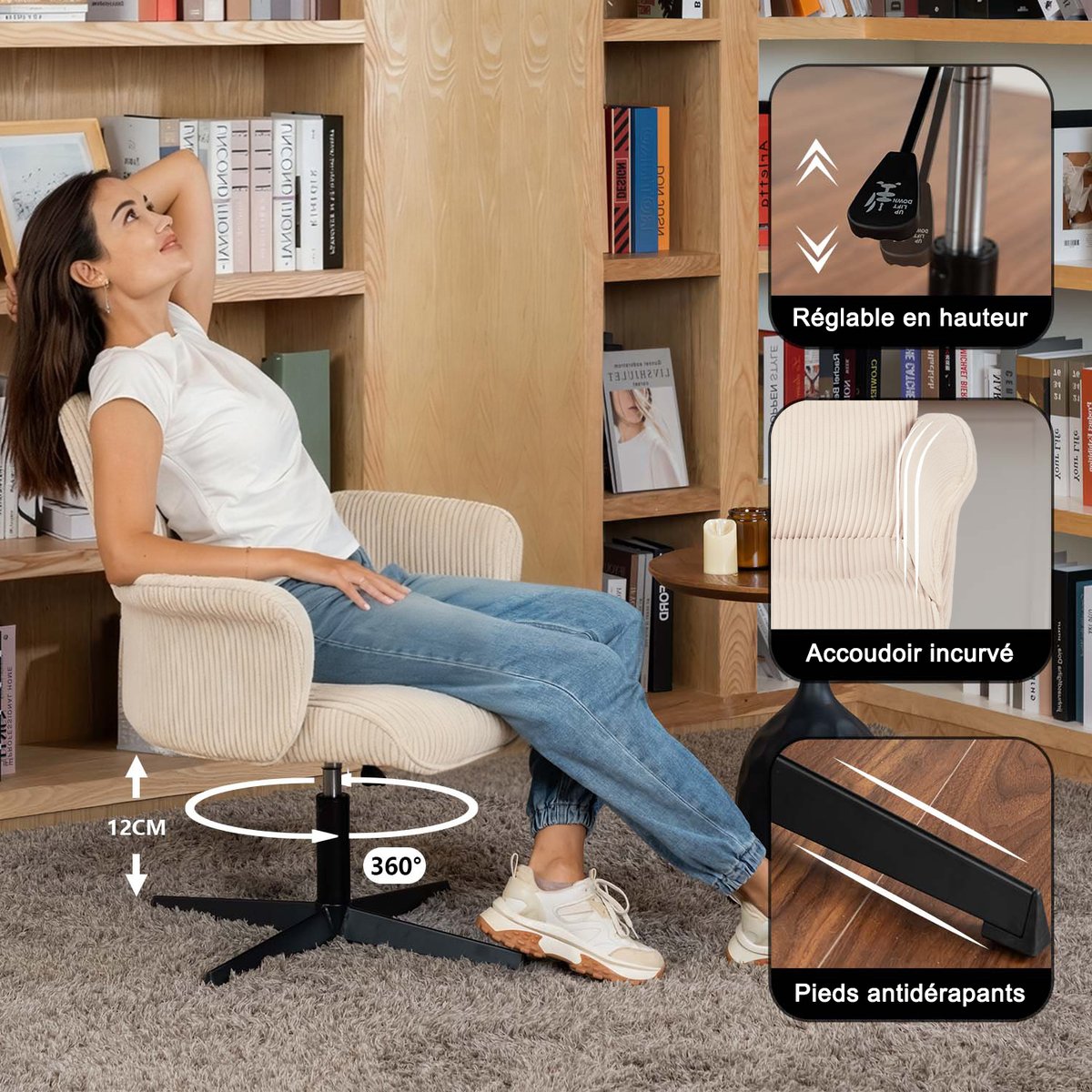 Ensemble de bureau d’angle rotatif avec portes rotin et chaise de bureau, DICCPERNTHOMASINACORD beige, MEUBLES COSY