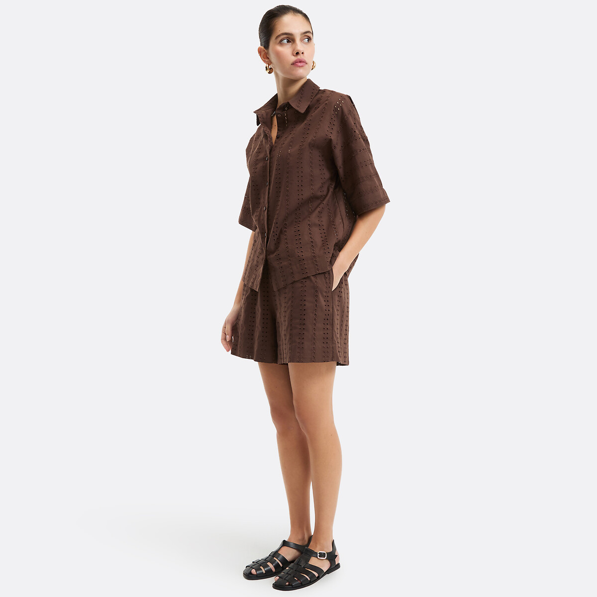 Short en broderie anglaise à taille élastiquée marron, LA REDOUTE COLLECTIONS
