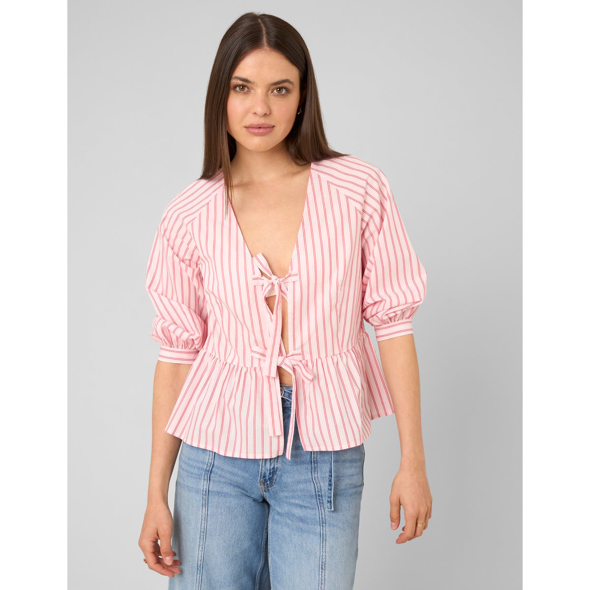Blouse rayée à nouer rose pâle, BZB