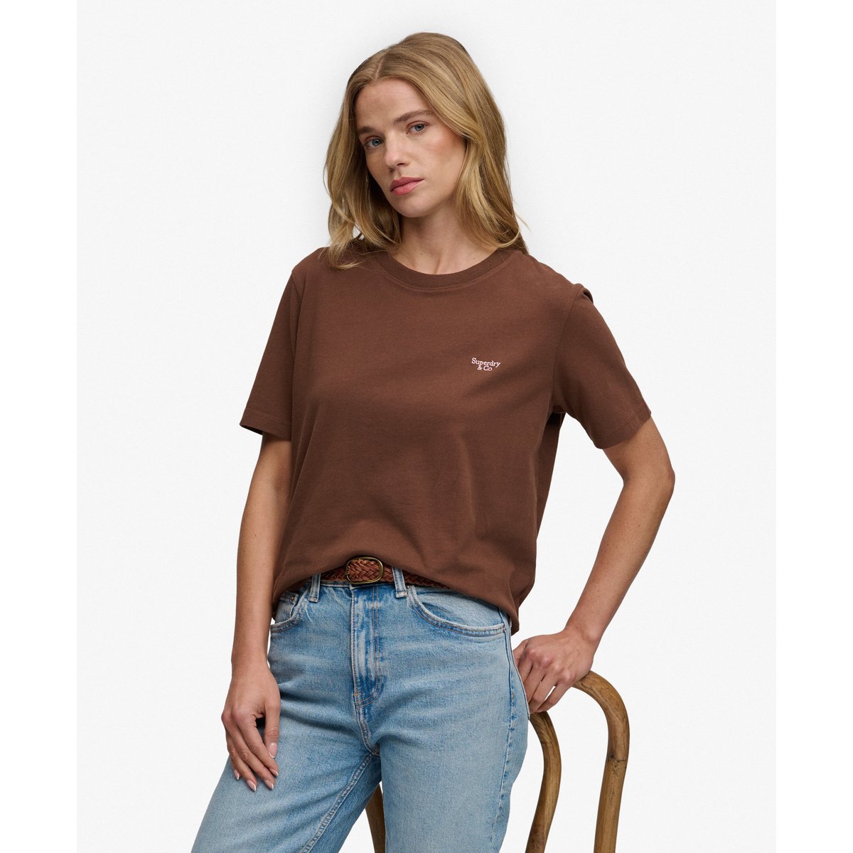 T-shirt Signature Embroidered coupe décontractée marron châtaigne, SUPERDRY