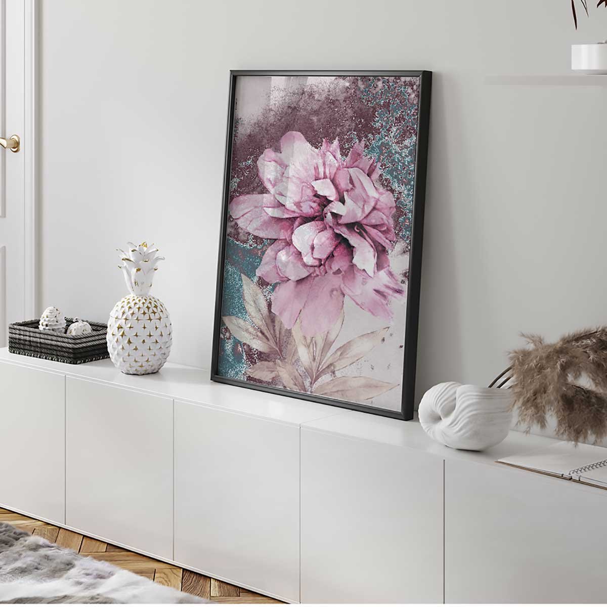 Affiche encadrée fleur rose artistique affiche + cadre en métal - noir, HEXOA