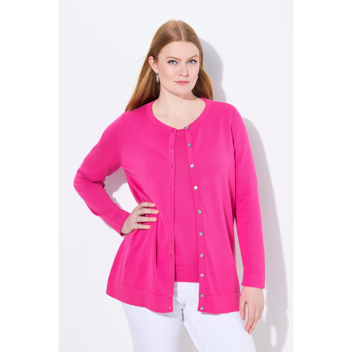 Cardigan twinset en coton Pima. Col rond magenta, ULLA POPKEN