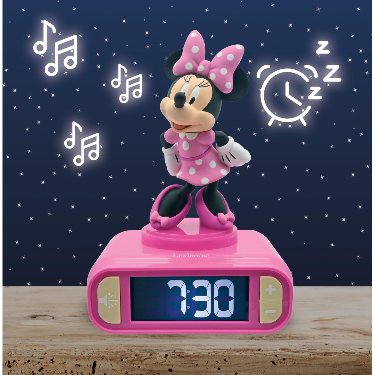 Réveil digital avec veilleuse lumineuse Minnie en 3D et effets sonores rose, LEXIBOOK