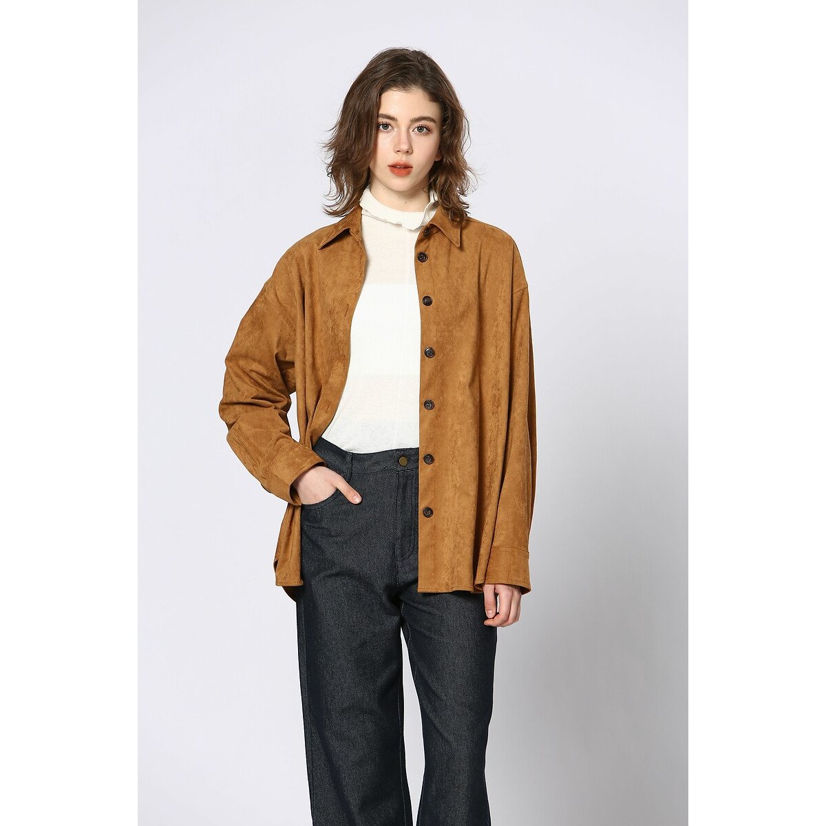 Faux Suede Shacket with Button Fastening camel, SEE U SOON