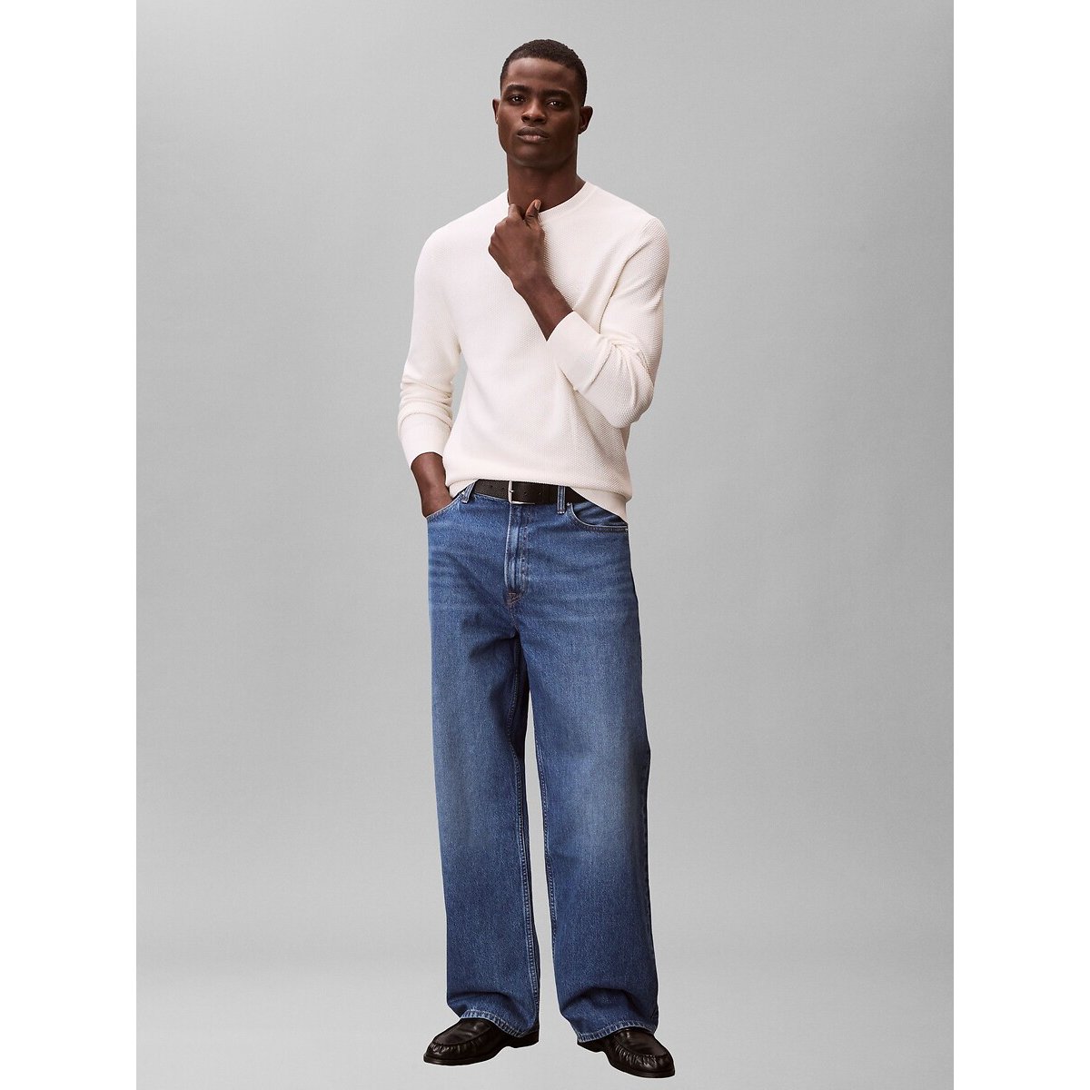 Pull col rond texturé crème, CALVIN KLEIN
