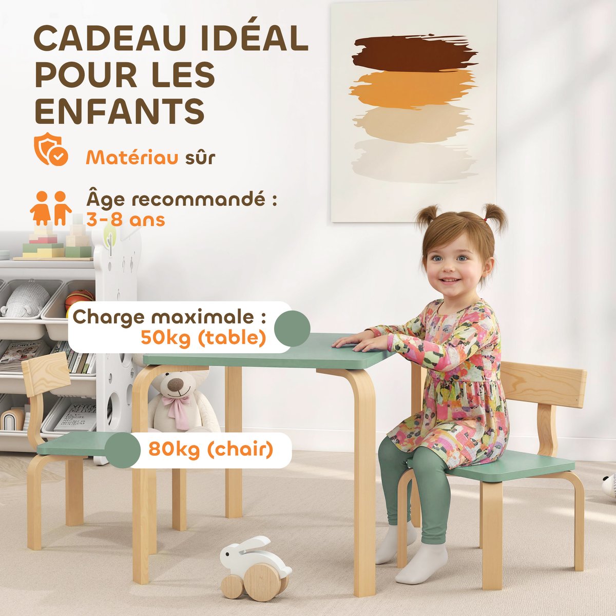 Ensemble table et chaises pour enfants Bois vert et bois naturel, AIYAPLAY