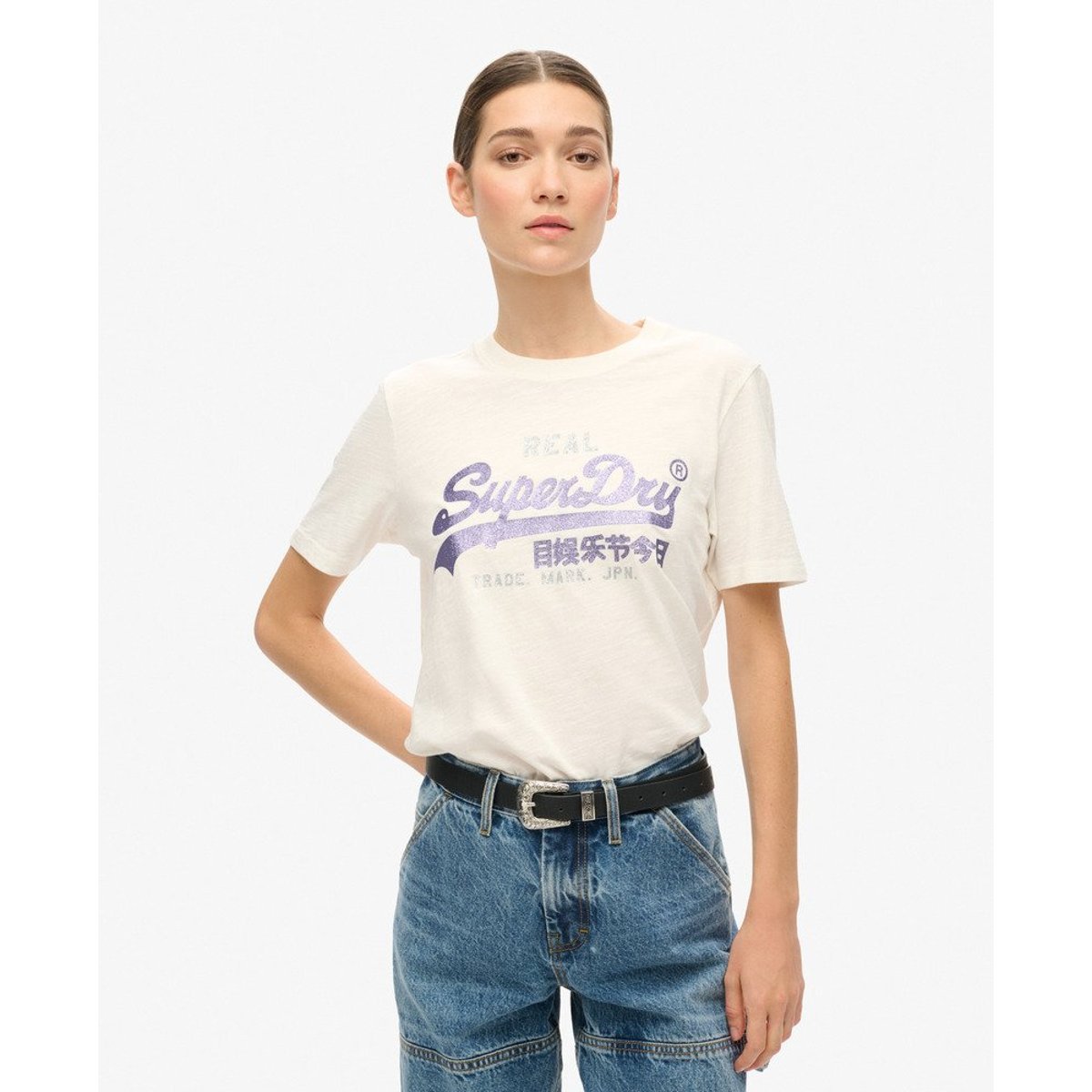 T-shirt scintillant à motif VL écru flammé, SUPERDRY