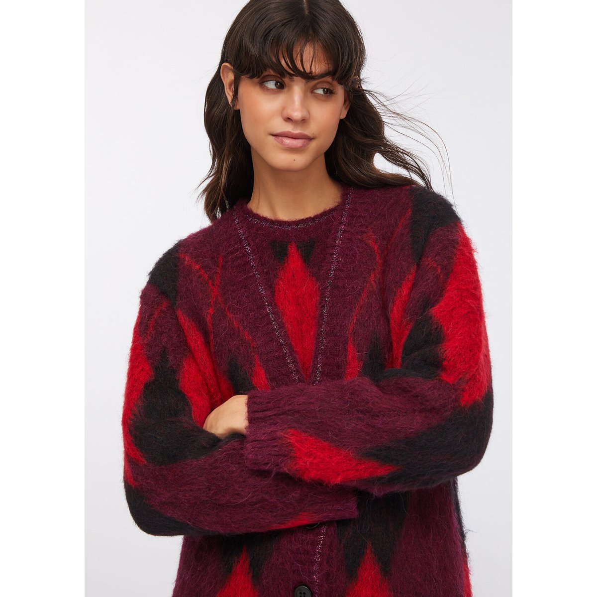 Cardigan à losanges en laine et alpaga rouge, LIU JO