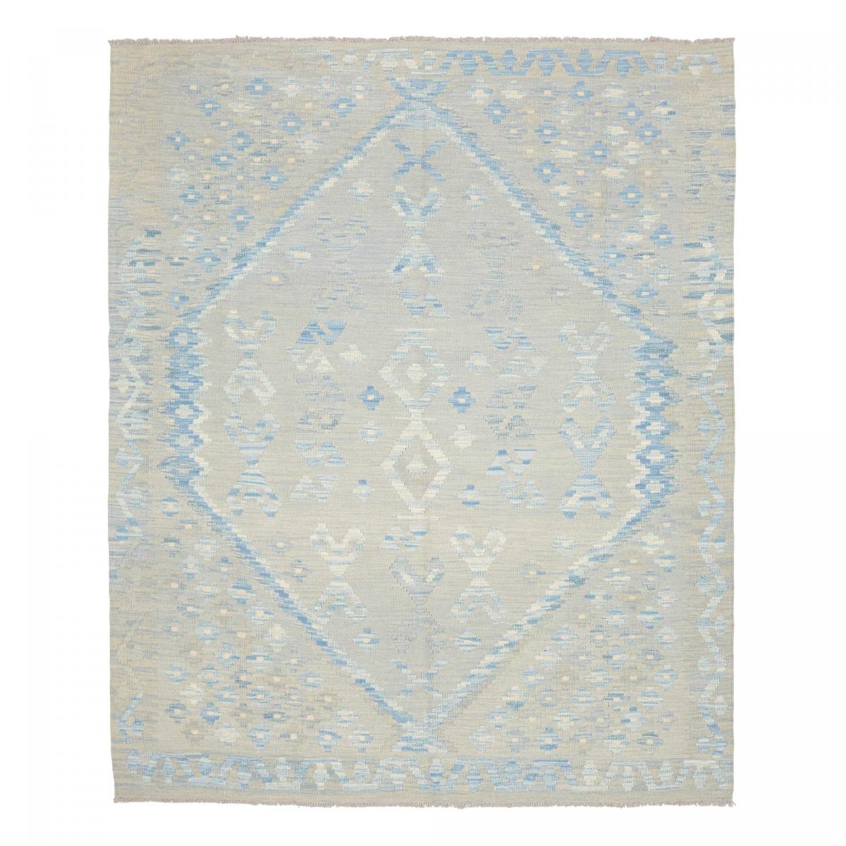 Tapis kilim géométrique, tissé plat en laine naturelle, KILIM 80 gris, beige, bleu, UN AMOUR DE TAPIS