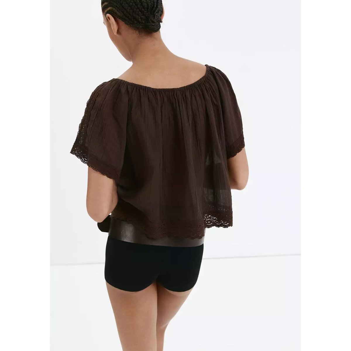 Blouse en coton et dentelle marron, MANGO