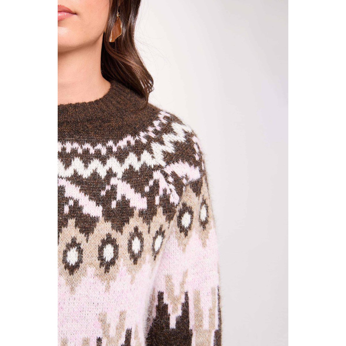 Pull jacquard col rond marron foncé, MORGAN