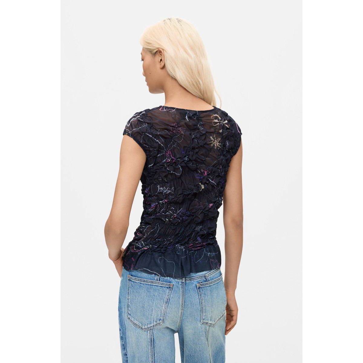 T-shirt en maille à motif floral noir, DESIGUAL