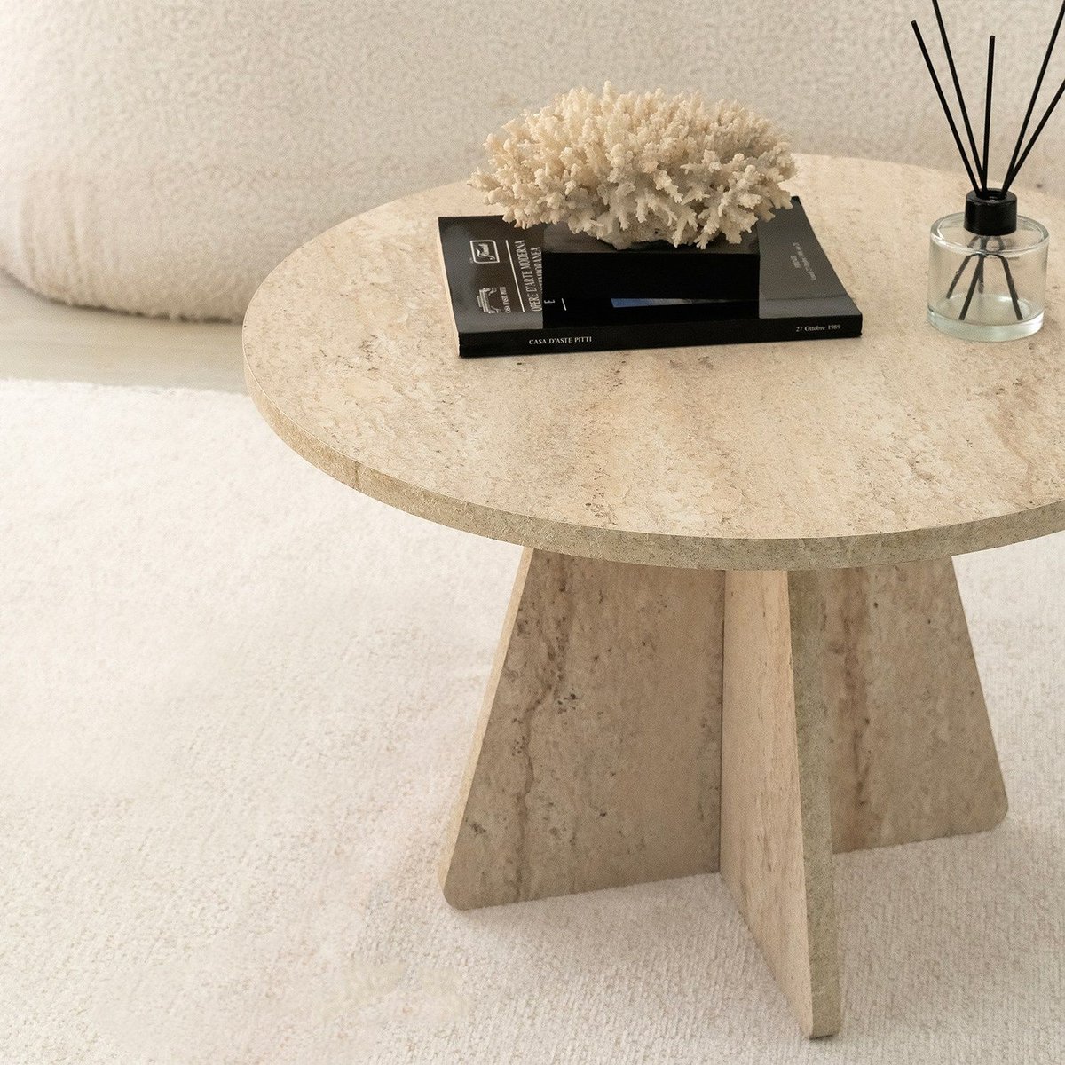 Table basse ronde effet travertin design moderne VALENCE beige, TOILINUX