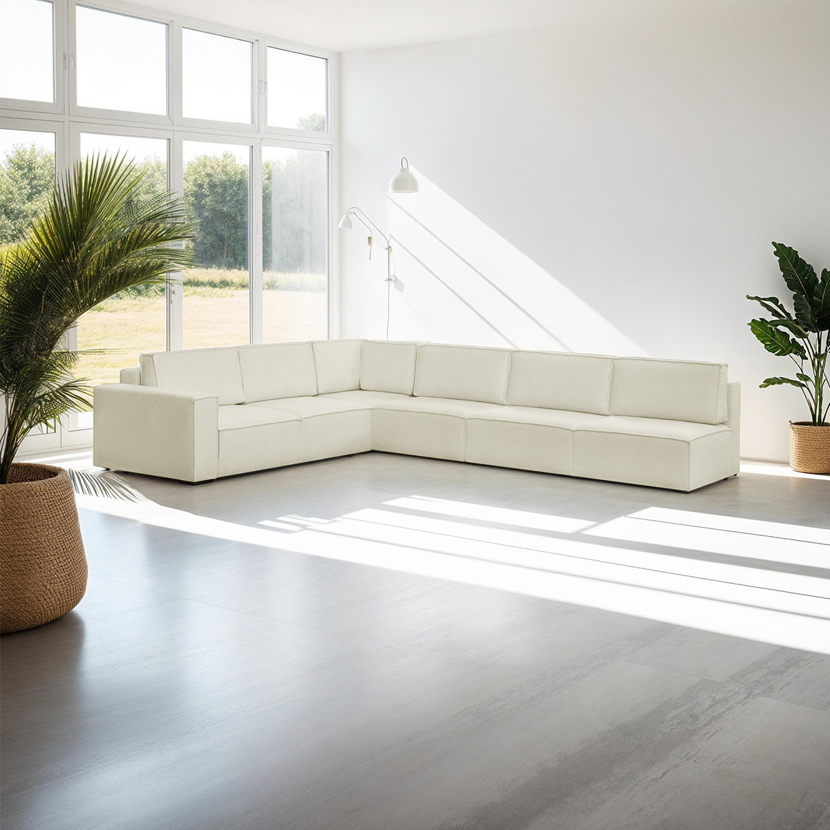 Canapé d'angle droit convertible 10 places en tissu bouclé - HARPER MOD ecru, HOMIFAB