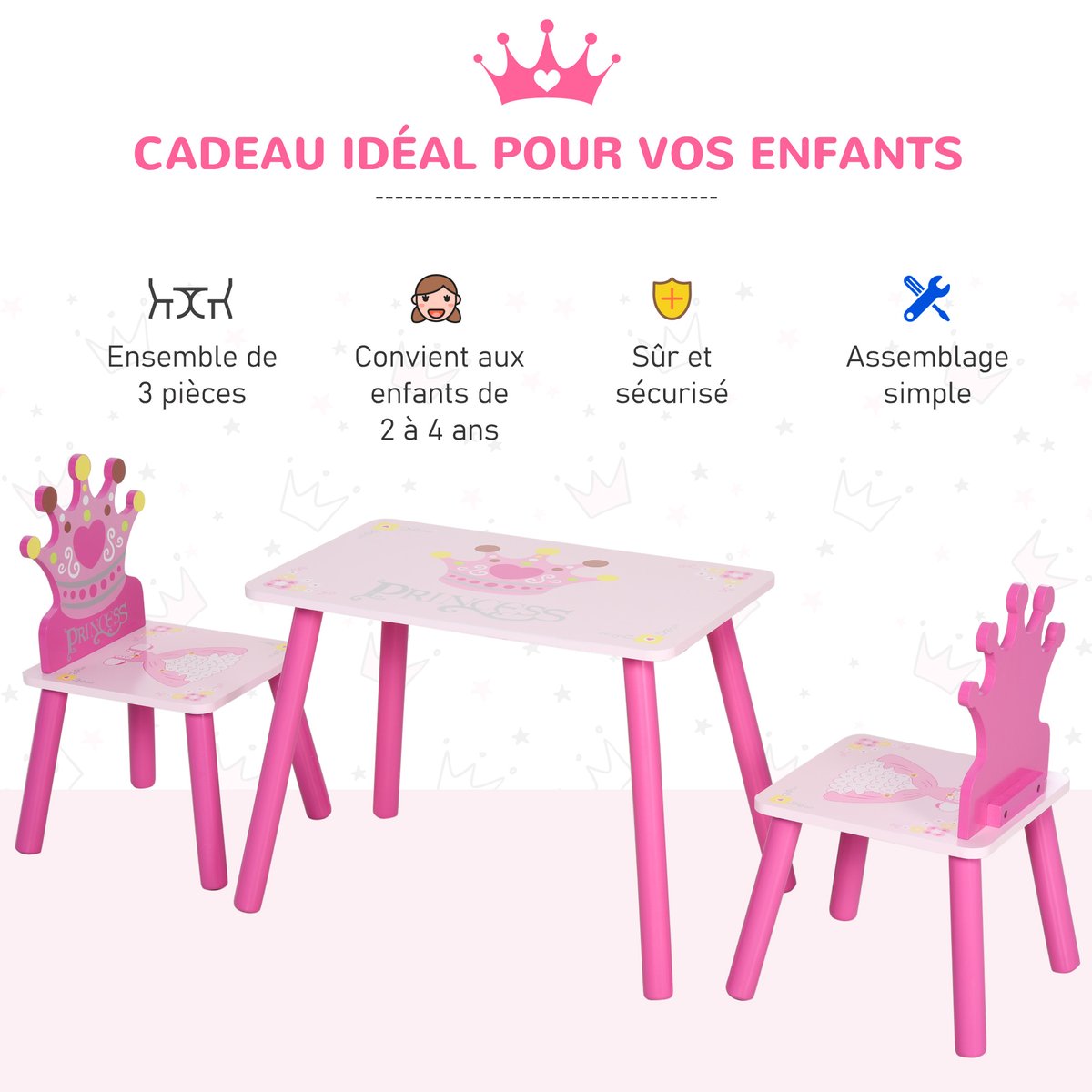 Ensemble table et chaises pour enfants MDF rose, HOMCOM