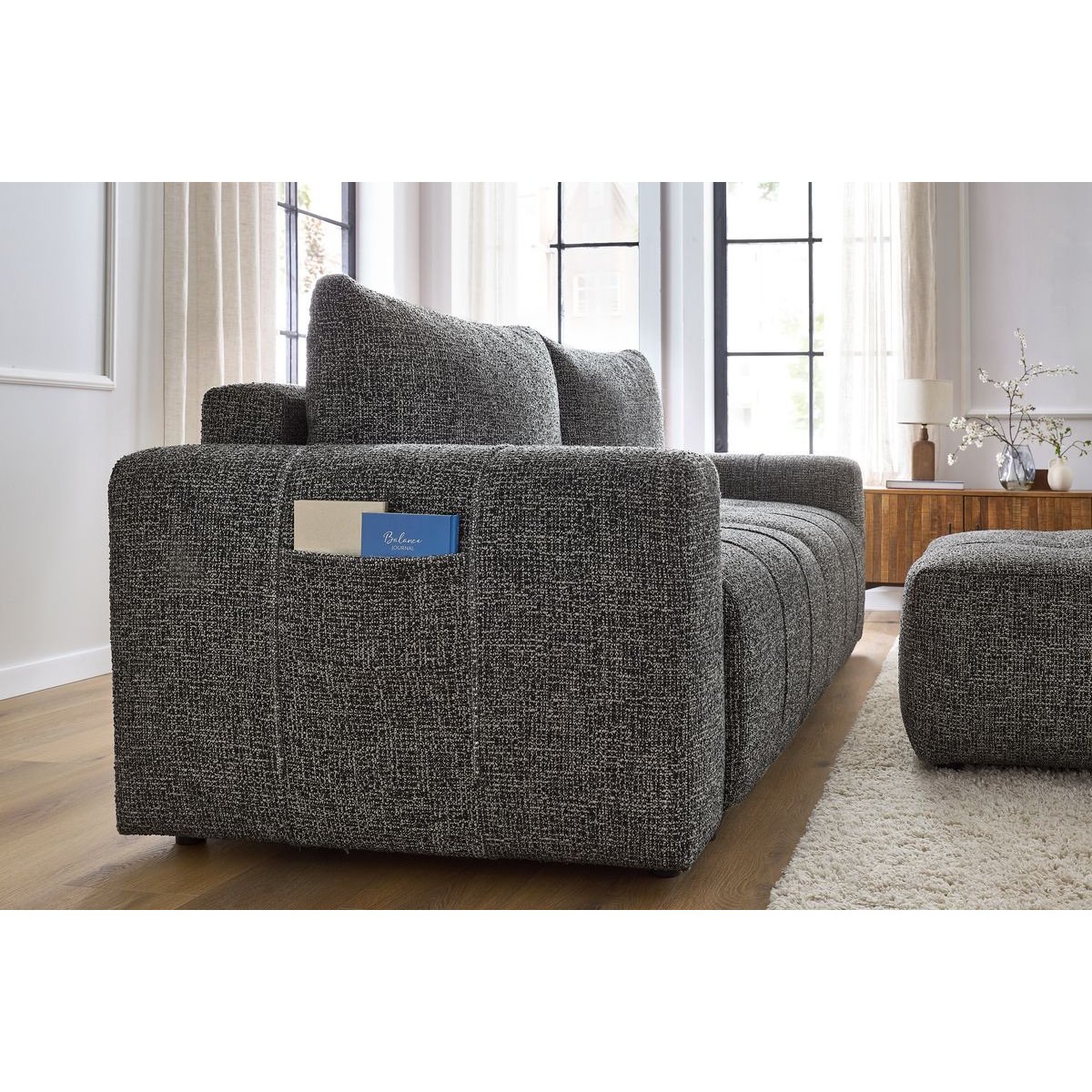 Canapé droit convertible 4 places en tissu chiné avec pouf, ARSENE gris foncé, BOBOCHIC