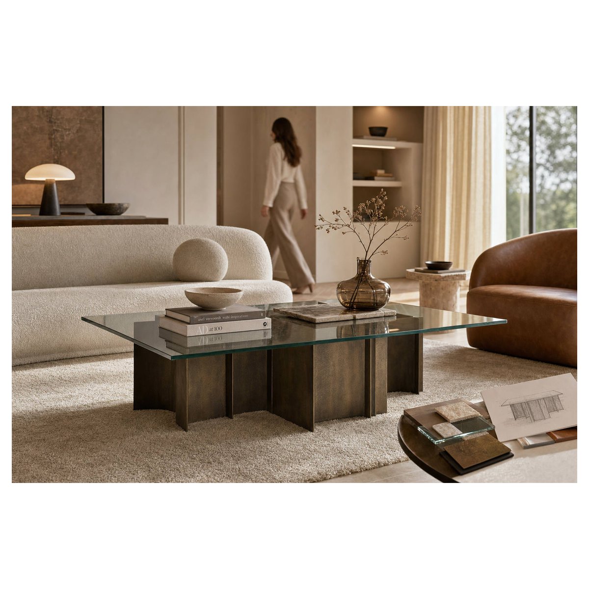 Table basse en verre et métal bronze vieilli et verre transparent, RECOLLECTION