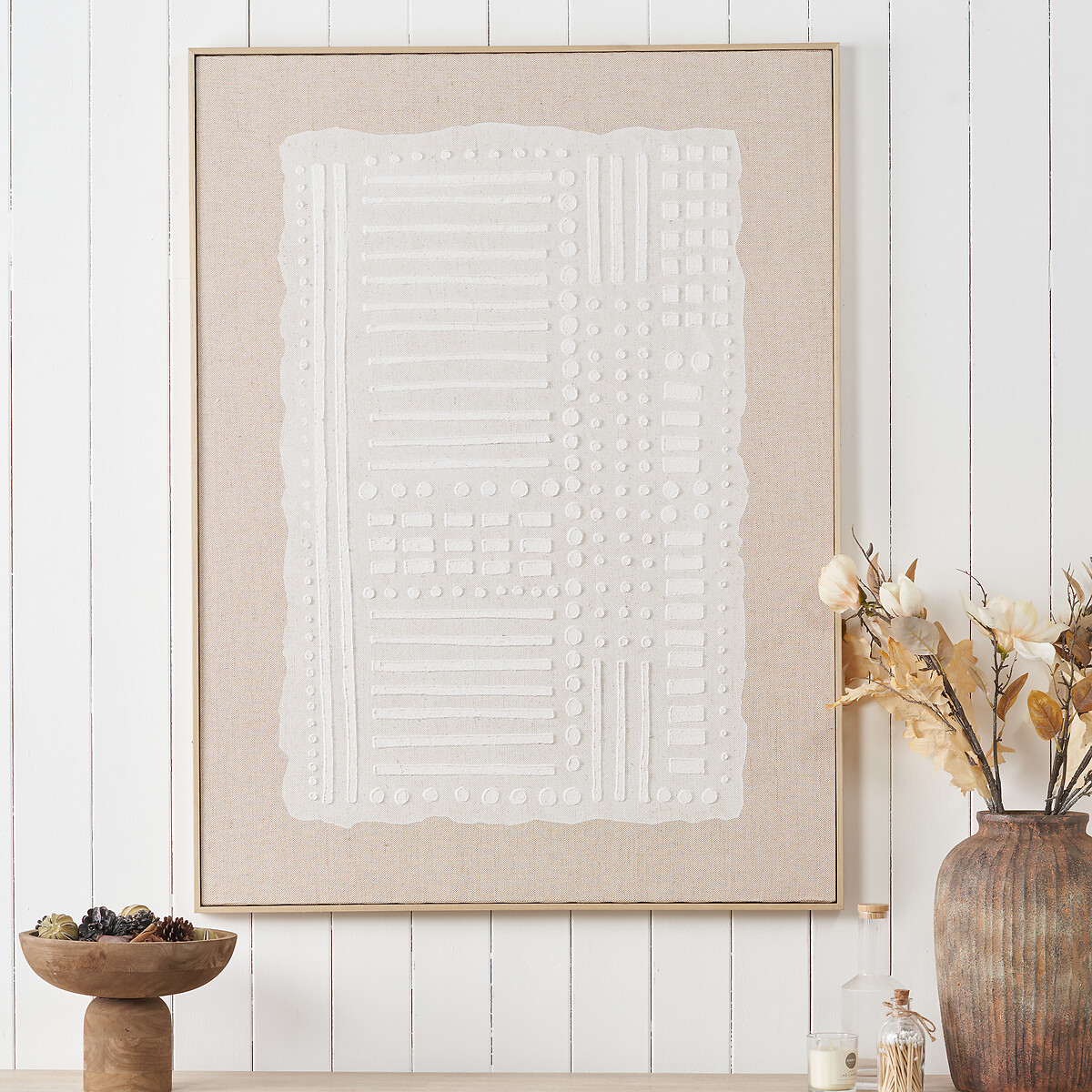 90x120cm White and Natural Abstract Design Linen Canvas with Elm Effect Frame white, ÉDITÉ
