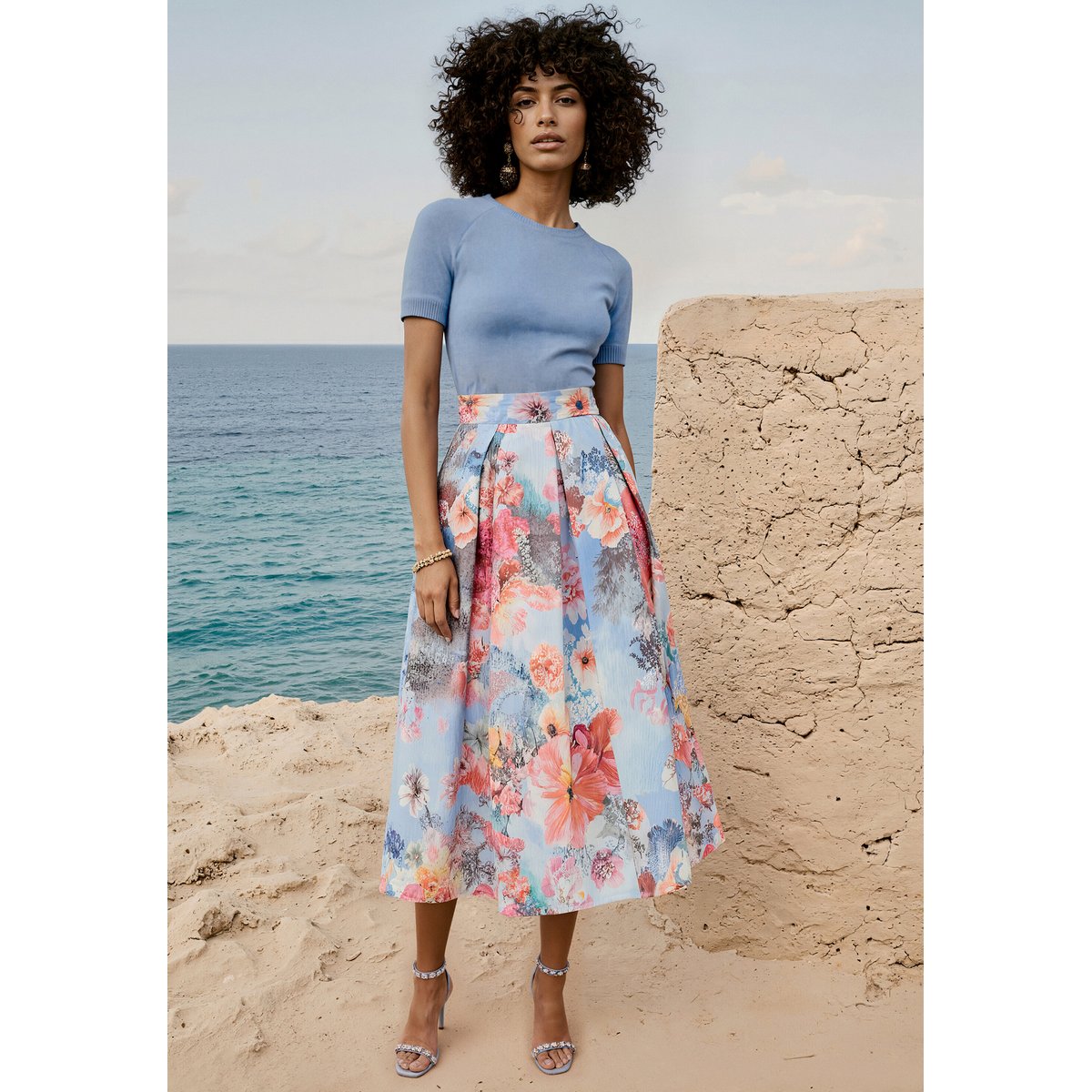 Jupe plissée à motif jacquard blue/rosé, VERA MONT