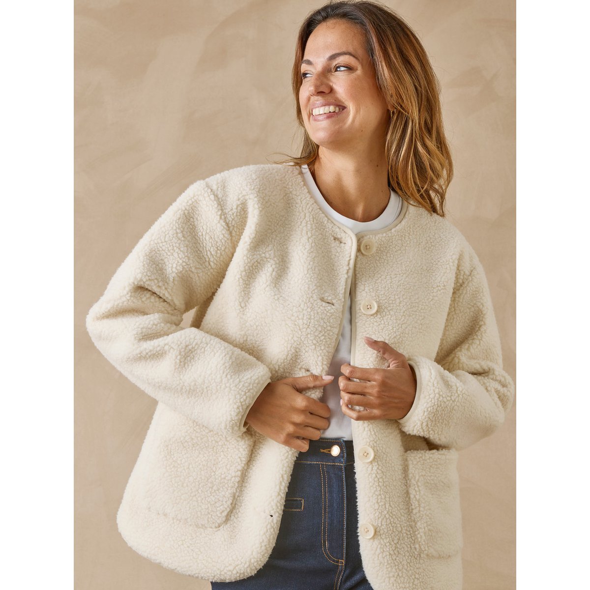 Veste maille moutonnée manches longues ecru, DAXON