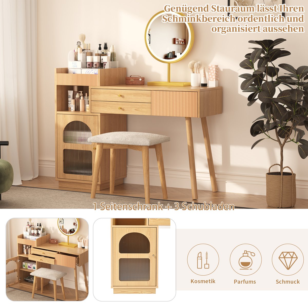 Coiffeuse table de maquillage avec 2 tiroirs 1 porte et 2 niches scandinave, ULTRAC chêne, MEUBLES COSY