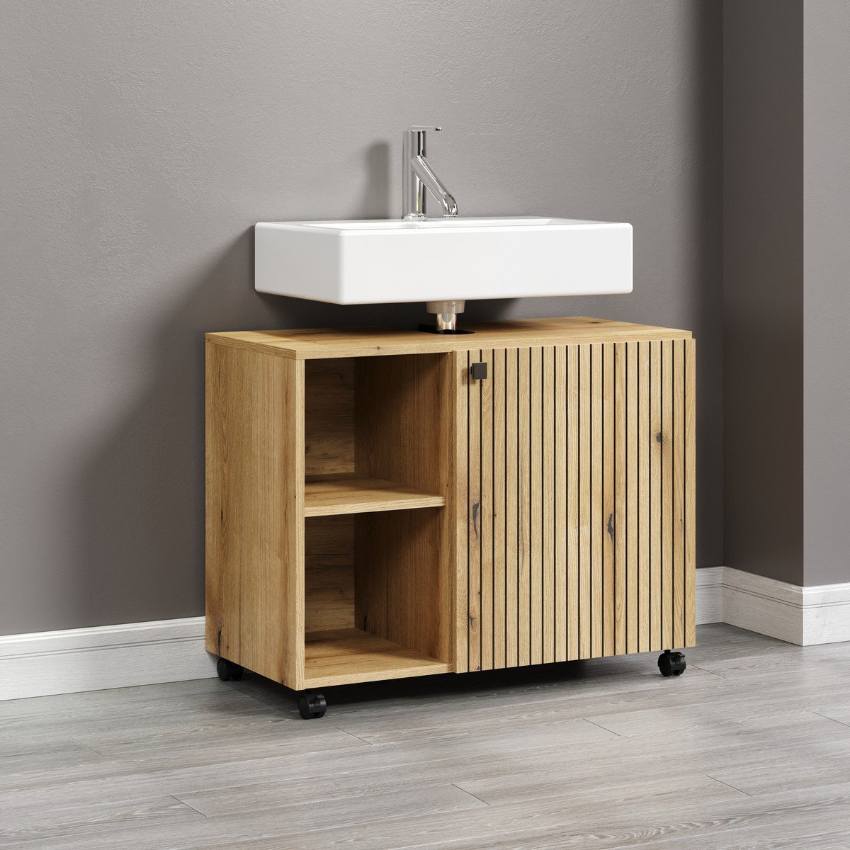 Meuble sous vasque sur roulettes 1 porte et 2 niches L80 cm - PUREBLISS chêne blond et noir mat, CALICOSY