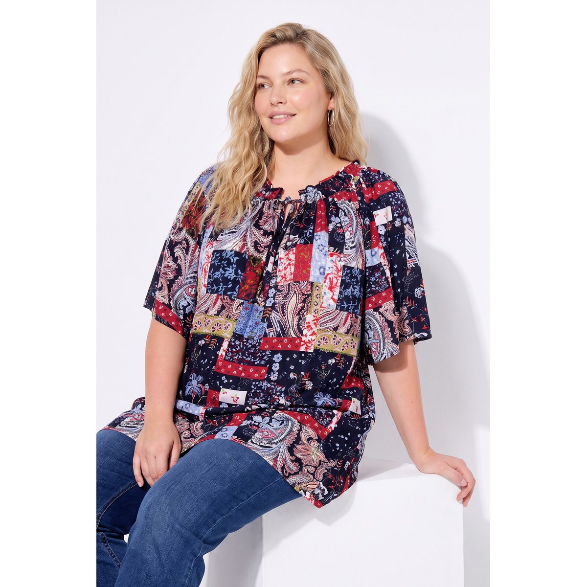 Blouse smockée, coupe trapèze marine, ULLA POPKEN