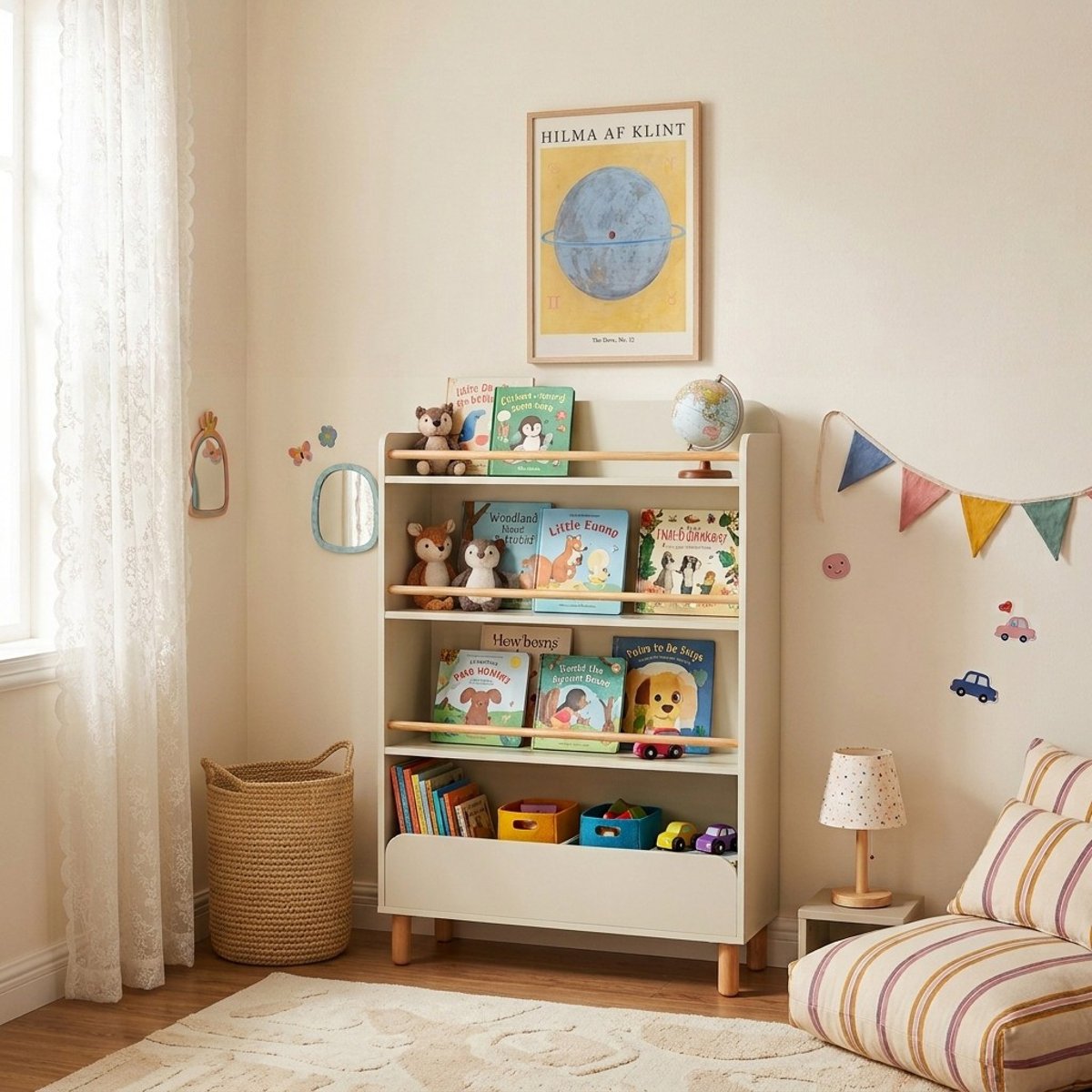 Bibliothèque enfant JANA beige et bois clair, BAÏTA
